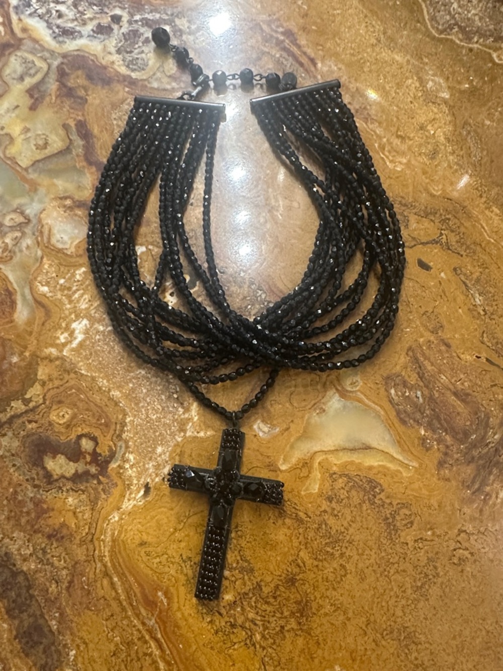 Miriam Haskell Black Multi-Strand Beaded Necklace with Beaded Cross